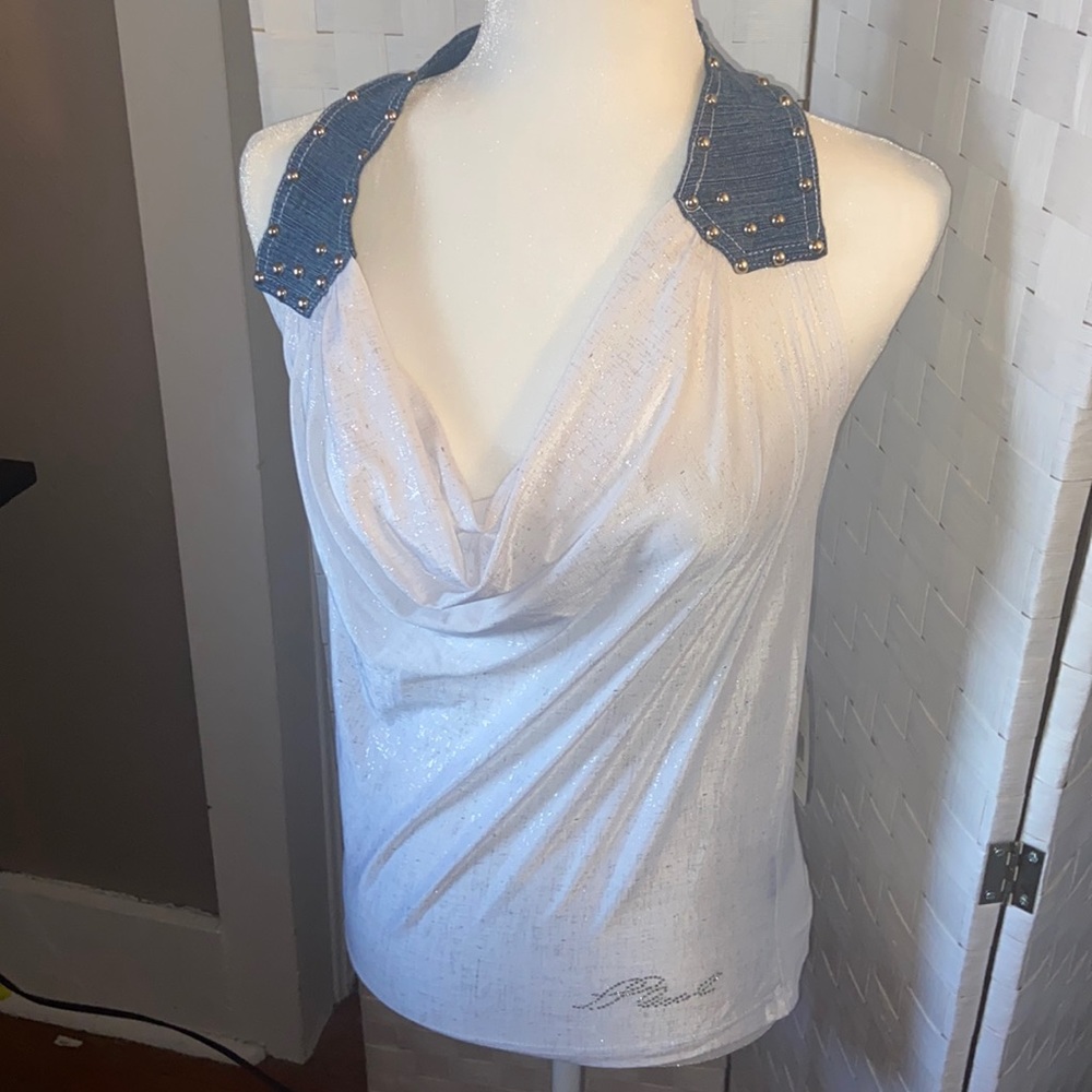 Platinum Plush white and denim halter top size XL. New with tag